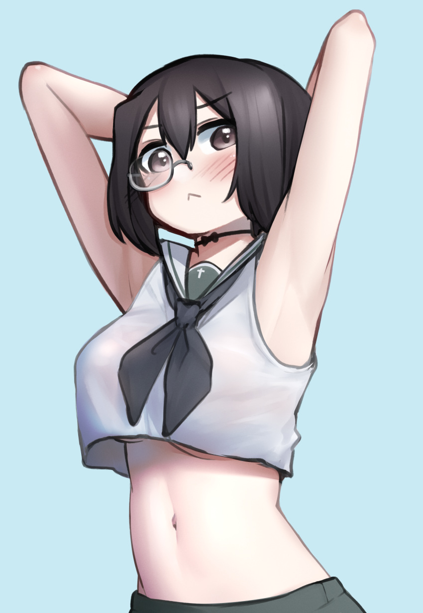 :< absurdres alternate_costume armpits arms_behind_back arms_behind_head arms_up bare_shoulders black_neckerchief blue_background blush breasts brown_eyes choker closed_mouth cowboy_shot crop_top crop_top_overhang female girls_und_panzer green_skirt hair_between_eyes highres kawashima_momo looking_at_viewer m1saki_1 medium_breasts midriff monochrome navel neckerchief ooarai_school_uniform sailor_collar school_uniform serafuku shirt short_hair simple_background skirt sleeveless sleeveless_shirt solo stomach underboob upper_body white_shirt