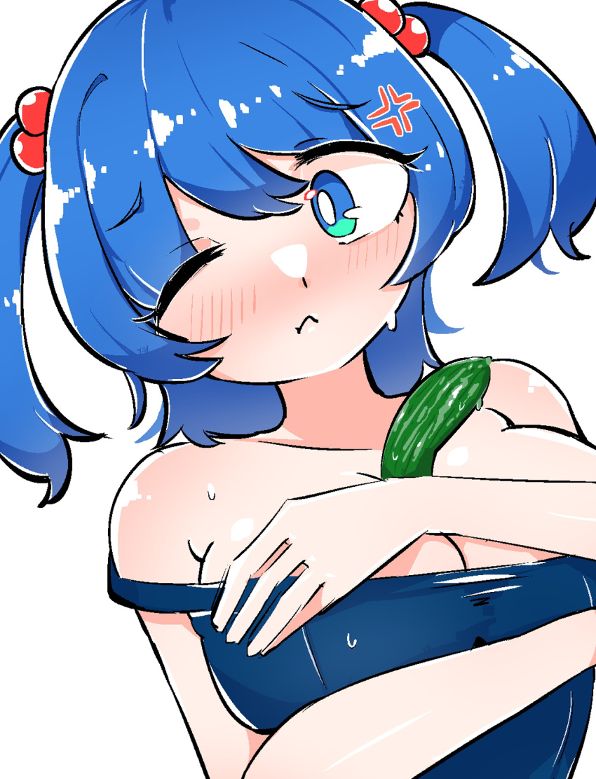 :< anger_vein blue_eyes blue_hair blue_one-piece_swimsuit blush breasts bright_pupils cleavage closed_mouth commentary_request cucumber female hair_bobbles hair_ornament highres kawashiro_nitori large_breasts looking_at_viewer one-piece_swimsuit one_eye_closed school_swimsuit sexually_suggestive short_hair simple_background solo strap_slip swimsuit touhou two_side_up upper_body white_background white_pupils yei_illust