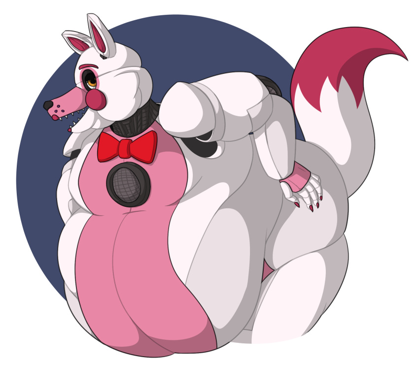 2020 5_fingers animatronic anthro belly bent_arm big_belly black_nose bow_tie canid canine claws colored digital_drawing_(artwork) digital_media_(artwork) dipstick_tail double_chin english_description eyebrows finger_claws fingers five_nights_at_freddy's fox funtime_foxy_(fnaf) fur half-closed_eyes hand_on_hip hi_res leaning leaning_forward lips looking_at_viewer machine male mammal markings narrowed_eyes obese obese_anthro obese_male open_mouth open_smile orange_eyes overweight overweight_anthro overweight_male pink_body pink_fur portrait red_bow_tie red_claws red_eyebrows red_inner_ear red_lips red_tail_tip robot scottgames shaded sharp_teeth simple_background simple_shading sister_location smile smiling_at_viewer solo tail tail_markings teeth theannoyingnpc thick_thighs three-quarter_portrait whisker_spots white_body white_fur white_tail