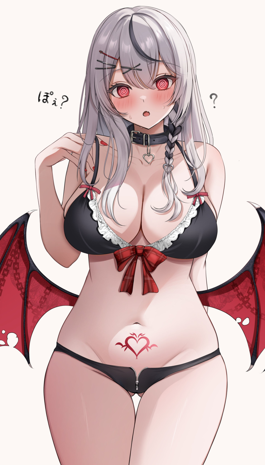 7nopi ? @_@ absurdres animal_collar ass_visible_through_thighs bat_wings belt_collar black_bra black_collar black_hair black_panties blush bow bow_bra bra braid braided_bangs breasts center-flap_bangs cleavage collar collared_shirt commentary_request confused curvy double-parted_bangs embarrassed female frilled_bra frills front-tie_bra groin_tendon hair_ornament hairclip hands_on_own_chest highres hololive hypnosis large_breasts lingerie long_hair looking_at_viewer low_wings lowleg lowleg_panties mind_control multicolored_hair nail_polish nervous_sweating oerba_yun_fang official_alternate_hairstyle panties pubic_tattoo red_eyes red_nails sakamata_chloe shirt side_braid skin_fang small_breasts solo straight_hair streaked_hair sweat sweatdrop tattoo triangle_mouth underwear underwear_only virtual_youtuber wide_hips winged_heart_tattoo wings x_hair_ornament zipper_panties