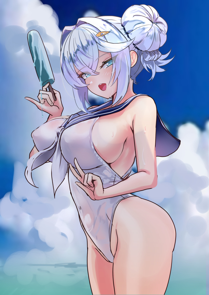 aqua_eyes armpit_crease ass azur_lane bare_shoulders between_breasts blue_sailor_collar breasts commentary_request covered_navel covered_nipples crossed_bangs double_bun female food from_side grey_hair hair_between_eyes hair_bun hey_taisyou highres holding holding_food holding_popsicle jade_(a_lick_of_summer)_(azur_lane) jade_(azur_lane) large_breasts looking_at_viewer medium_hair neckerchief official_alternate_costume one-piece_swimsuit open_mouth popsicle sailor_collar sideboob smile solo standing swimsuit thighs white_neckerchief white_one-piece_swimsuit