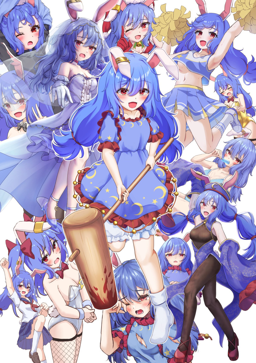 :d ;d adapted_costume alternate_costume animal_ears ankle_socks annotated arm_up armpits bare_shoulders bell bikini black_bow black_bowtie black_pantyhose black_thighhighs blood blood_on_weapon bloomers blue_bikini blue_dress blue_hair blue_shirt blue_skirt blush bobby_socks bodystocking bow bowtie breasts bridal_veil bright_pupils brown_footwear center_frills cheerleader cleavage clenched_hands closed_eyes clothing_cutout collarbone commentary_request covering_privates crescent crescent_hat_ornament crescent_print crop_top cropped_shirt crying detached_collar detached_sleeves dress elbow_gloves embarrassed eyes_visible_through_hair female fishnet_thighhighs fishnets flower food food_in_mouth frilled_dress frills fur_trim gloves grey_wristband hair_between_eyes hammer hat hat_ornament highres holding holding_food holding_pom_poms holding_popsicle holding_weapon interlocked_fingers jingle_bell jumping kneehighs leg_up leotard long_hair looking_at_viewer lower_teeth_only medium_breasts midriff miniskirt mizunisabano multiple_views navel neck_bell neckerchief no_shoes one_eye_closed open_mouth outstretched_arm own_hands_together pantyhose pelvic_curtain playboy_bunny pleated_skirt pom_pom_(cheerleading) popsicle popsicle_in_mouth print_dress puffy_short_sleeves puffy_sleeves purple_flower purple_hat purple_rose purple_sailor_collar purple_skirt purple_sleeves rabbit_ears rabbit_girl rabbit_tail red_bow red_bowtie red_eyes red_footwear red_gloves red_neckerchief rose sad sailor_collar school_uniform seiran_(touhou) serafuku shirt shoes short_sleeves side_slit simple_background skirt sleeveless sleeveless_shirt smile sneakers socks standing standing_on_one_leg star_(symbol) star_print strapless strapless_leotard sweat swimsuit tail tears teeth thighhighs torn_clothes torn_dress touhou traditional_bowtie underboob v veil weapon wedding_dress white_background white_bloomers white_footwear white_gloves white_leotard white_pupils white_shirt white_socks white_tail wiping_tears wristband yellow_leotard