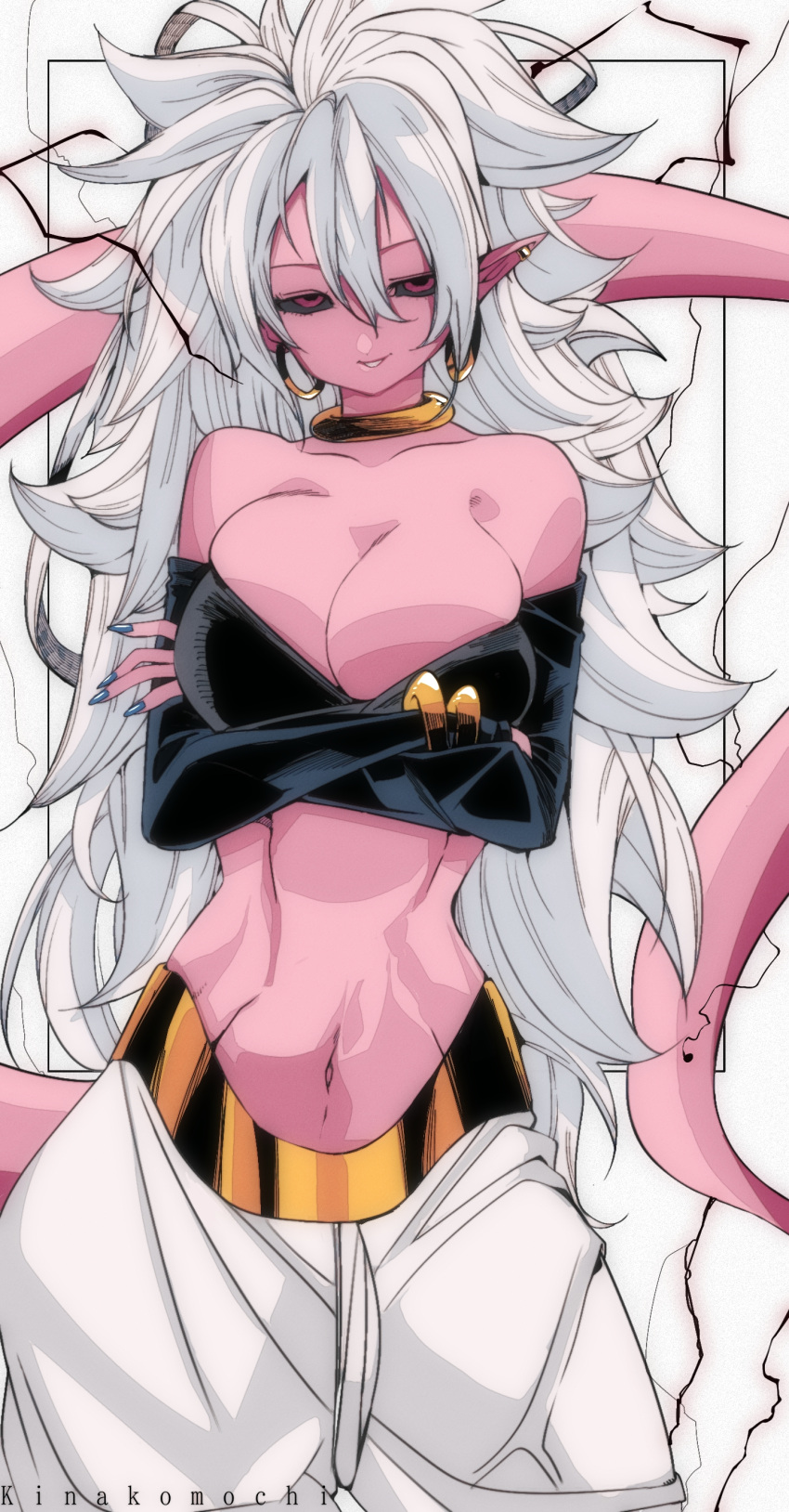 absurdres android_21 arms_under_breasts artist_name bangle bare_shoulders big_hair black_lightning black_sclera black_tube_top bracelet breasts colored_sclera colored_skin commentary_request cowboy_shot crossed_arms detached_sleeves dragon_ball dragon_ball_fighterz earrings female gold_choker harem_pants highres hoop_earrings jewelry kinakomochi_(user_vedc2333) large_breasts long_hair looking_at_viewer majin_android_21 nail_polish navel pants pink_skin pointy_ears red_eyes smile strapless tail tube_top white_hair