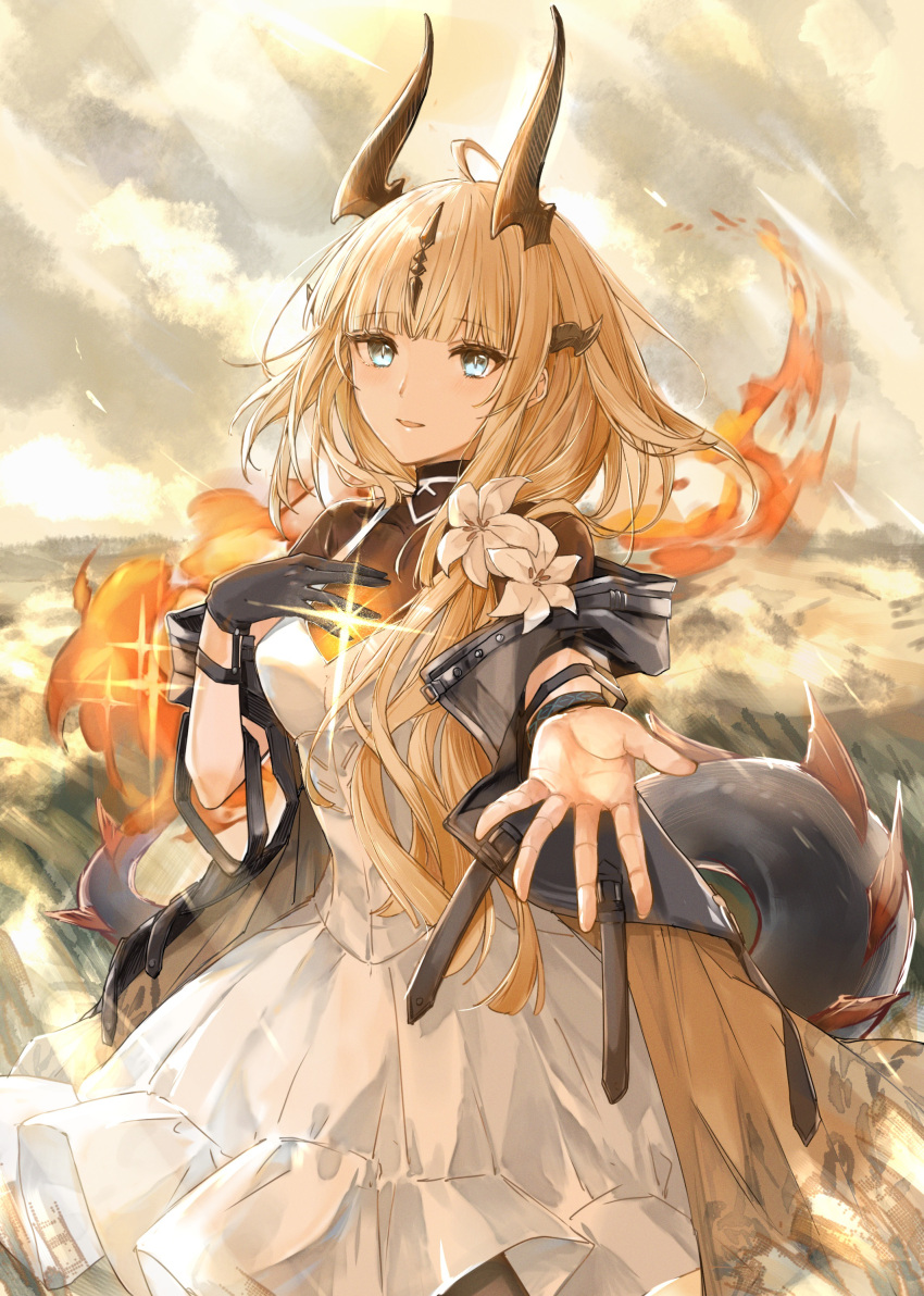 :d absurdres arknights black_gloves black_tail blonde_hair blue_eyes blunt_bangs brown_horns commentary_request day diffraction_spikes dress female fire flame-tipped_tail flower gloves hair_flower hair_ornament hand_on_own_chest hand_up highres horns joul_0704 light_rays long_hair official_alternate_costume open_hand open_mouth outdoors outstretched_arm outstretched_hand reaching reaching_towards_viewer reed_(arknights) reed_the_flame_shadow_(arknights) single_glove sleeveless sleeveless_dress smile solo sunlight tail white_dress white_flower