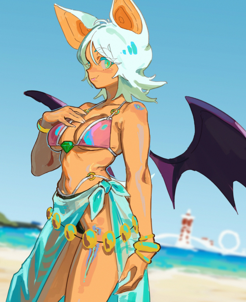 absurdres animal_ears bat_ears bat_girl bat_wings beads bikini black_bikini_bottom bracelet breasts chaos_emerald cleavage female gem green_eyes highres jewelry large_breasts light_smile medium_hair ocean rouge_the_bat somersaultdropkick sonic_(series) swimsuit tan towel white_hair wings