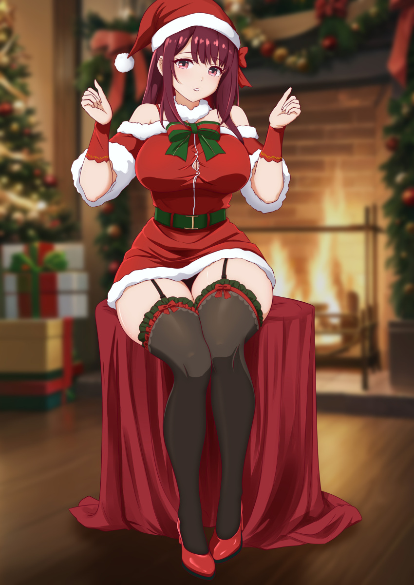 absurdres belt black_pantyhose black_thighhighs breasts center_opening character_request christmas christmas_tree coffee_table copyright_request dress female fireplace gift green_belt hat highres large_breasts pantyhose pink_eyes red_footwear red_hair santa_costume santa_dress santa_hat solo table thighhighs thighs xiaozhi