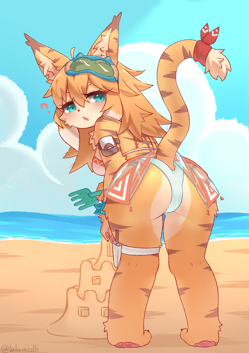 absurd_res anthro ass clothing cygames felid female female/female green_eyes hi_res lalamedli mammal mia_(world_flipper) pantherine solo swimwear tiger world_flipper yellow_body