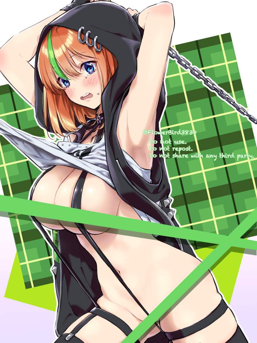 armpits arms_behind_head arms_up black_choker black_garter_straps black_hoodie blue_eyes blush bottomless bound bound_wrists breasts censored chains choker clothes_lift cowboy_shot female garter_straps go-toubun_no_hanayome highres hood hood_up hoodie large_breasts looking_at_viewer multicolored_hair nakano_yotsuba navel open_mouth orange_hair revealing_clothes shirt shirt_lift short_hair single_hair_streak sleeveless sleeveless_hoodie solo streaked_hair t-shirt tearing_up twitter_username white_shirt yu_(flowerbird3830)