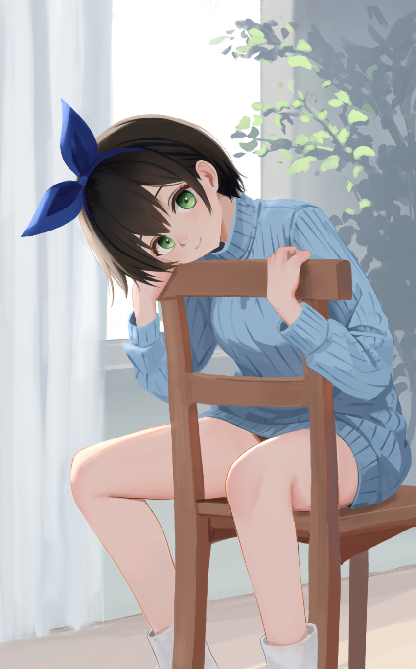 absurdres black_hair blue_hairband blue_sweater bow_hairband closed_mouth diky female green_eyes hairband highres indoors kanojo_okarishimasu looking_at_viewer on_chair sarashina_ruka sitting smile solo sweater turtleneck turtleneck_sweater wooden_chair