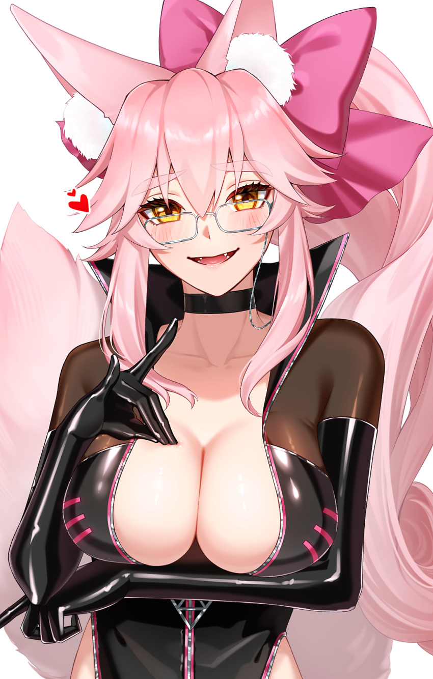 animal_ear_fluff animal_ears black_bodysuit blush bodysuit bow breasts center_opening choker cleavage fate/grand_order fate_(series) female fox_ears fox_girl fox_tail glasses hair_between_eyes hairbow highres hip_vent koyanskaya_(assassin)_(first_ascension)_(fate) koyanskaya_(fate) large_breasts long_hair looking_at_viewer open_mouth pink_bow pink_hair ponytail sakuraike sidelocks smile solo tail tamamo_(fate) yellow_eyes