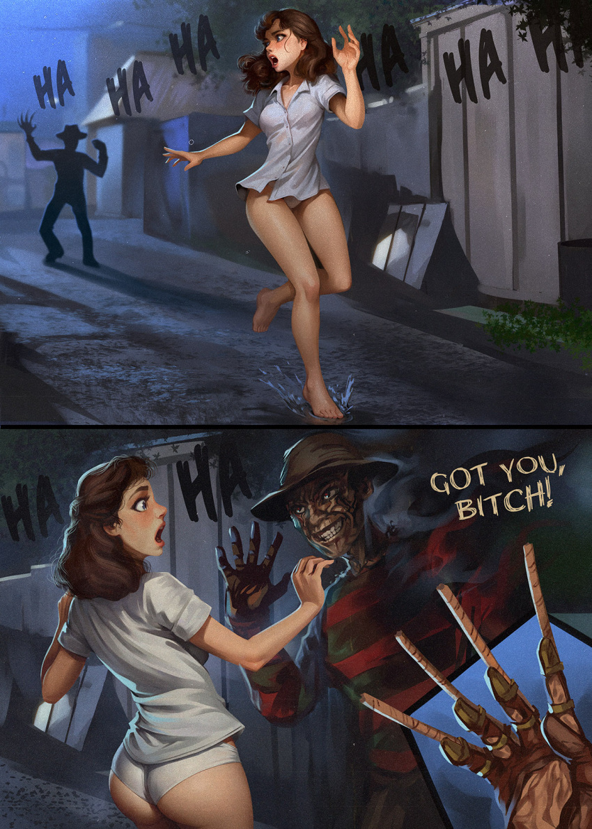 1boy a_nightmare_on_elm_street ass barefoot breasts brown_hair brown_hat collarbone collared_shirt english_text female freddy_krueger grey_shirt hat highres long_hair medium_breasts nancy_thompson night nightmare outdoors panties rope running sane-person shirt striped_clothes striped_shirt underwear white_panties