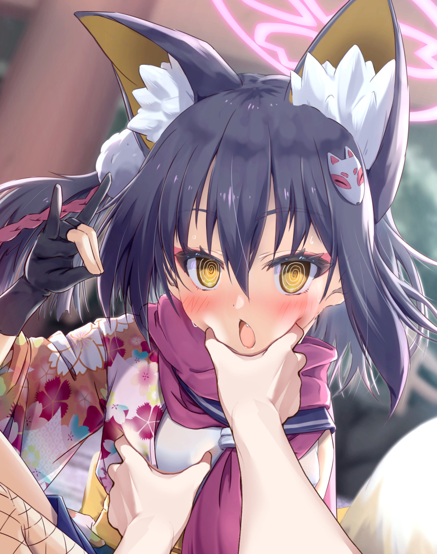 @_@ animal_ear_fluff animal_ears blue_archive chestnut_mouth commentary_request extra_ears eyeshadow female fox_ears fox_girl fox_hair_ornament fox_shadow_puppet fox_tail grabbing_another's_breast groping hair_between_eyes hair_ornament halo highres izuna_(blue_archive) japanese_clothes long_hair long_sleeves looking_at_viewer makeup meme ninja oerba_yun_fang one_side_up outdoors pom_pom_(clothes) pom_pom_hair_ornament pov_cheek_grabbing_(meme) red_eyeshadow red_scarf rope scarf school_uniform serafuku sidelocks single_sock single_thighhigh socks solo_focus tail thighhighs tomonx torii tree wide_sleeves