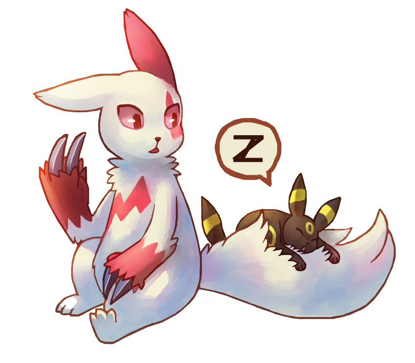 2015 absurd_res alpha_channel ambiguous_gender anthro biped black_body black_nose claws closed_eyes digital_media_(artwork) duo eeveelution feral finger_claws flavia-elric fluffy fluffy_tail fur generation_2_pokemon generation_3_pokemon hi_res looking_at_another markings nintendo on_tail open_mouth paws pokemon pokemon_(species) quadruped sitting sleeping sound_effects tail umbreon vowelless vowelless_sound_effect white_body white_fur yellow_markings zangoose zzz