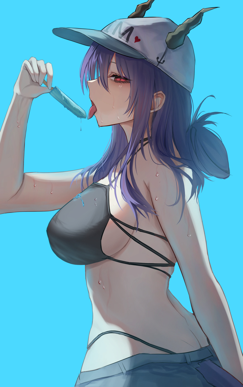 absurdres arknights bare_shoulders bikini bikini_under_shorts black_bikini blue_background blue_hair breasts ch'en_(arknights) denim denim_shorts eastern_dragon_horns female female_tourist_c_(arknights) food from_side hat highres holding holding_food holding_popsicle horns horns_through_headwear large_breasts long_hair popsicle red_eyes shorts solo swimsuit takagi_(takag1_k2) tongue tongue_out white_hat