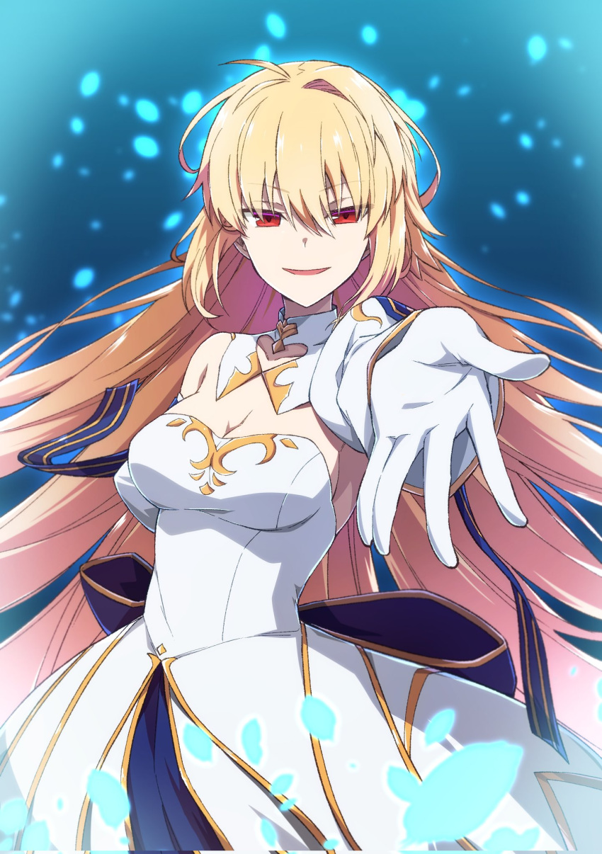 archetype_earth arcueid_brunestud azami_masurao blonde_hair blue_background breasts cleavage commentary_request dress fate/grand_order fate_(series) female gloves gold_trim hair_between_eyes highres large_breasts long_hair open_mouth reaching reaching_towards_viewer red_eyes smile solo white_dress white_gloves