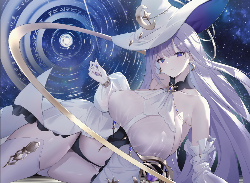 1nstill absurdres azur_lane bare_shoulders black_panties blue_eyes breasts commentary crescent crescent_hat_ornament detached_sleeves dress female gem guichen_(azur_lane) hat hat_ornament highres huge_breasts large_hat long_sleeves looking_at_viewer lying mole mole_under_mouth on_side panties puffy_detached_sleeves puffy_long_sleeves puffy_sleeves purple_eyes purple_gemstone purple_hair purple_nails see-through_clothes see-through_sleeves showgirl_skirt solo thighhighs underwear white_dress white_hat white_theme white_thighhighs witch_hat