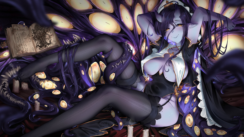 ariagnyx_lovecraft arms_up black_hair black_sclera black_thighhighs blush book breast_curtains breasts colored_sclera colored_skin commentary covered_navel cthulhu cthulhu_mythos eldritch_abomination english_commentary extra_eyes extra_mouth female full_body highres horns indie_virtual_youtuber large_breasts looking_at_viewer mole mole_on_breast nun open_book pointy_ears purple_horns purple_skin slimymana solo tentacle_hair thighhighs trypophobia virtual_youtuber yellow_eyes