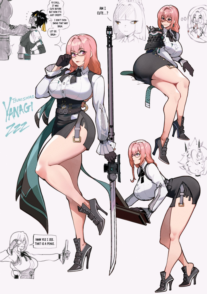 2boys 3girls asaba_harumasa bent_over black_footwear black_gloves black_skirt blunt_bangs breasts character_name english_commentary english_text glasses gloves grey_background high_heels highres hoshimi_miyabi large_breasts long_hair miniskirt multiple_boys multiple_girls multiple_views nyantcha pencil_skirt pink_hair purple_eyes shirt sidelocks skirt soukaku_(zenless_zone_zero) tsukishiro_yanagi white_shirt zenless_zone_zero