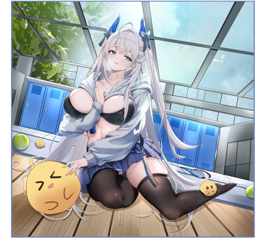 >_< 1nstill @_@ absurdres azur_lane ball blue_eyes blue_horns breasts brown_thighhighs cleavage dutch_angle female full_body grey_hoodie highres hood hoodie horns indoors large_breasts locker locker_room long_hair manjuu_(azur_lane) miniskirt navel official_alternate_costume pleated_skirt racket skirt suffren_(azur_lane) suffren_(impulsive_incident)_(azur_lane) tennis_ball tennis_racket thighhighs very_long_hair wooden_floor zettai_ryouiki