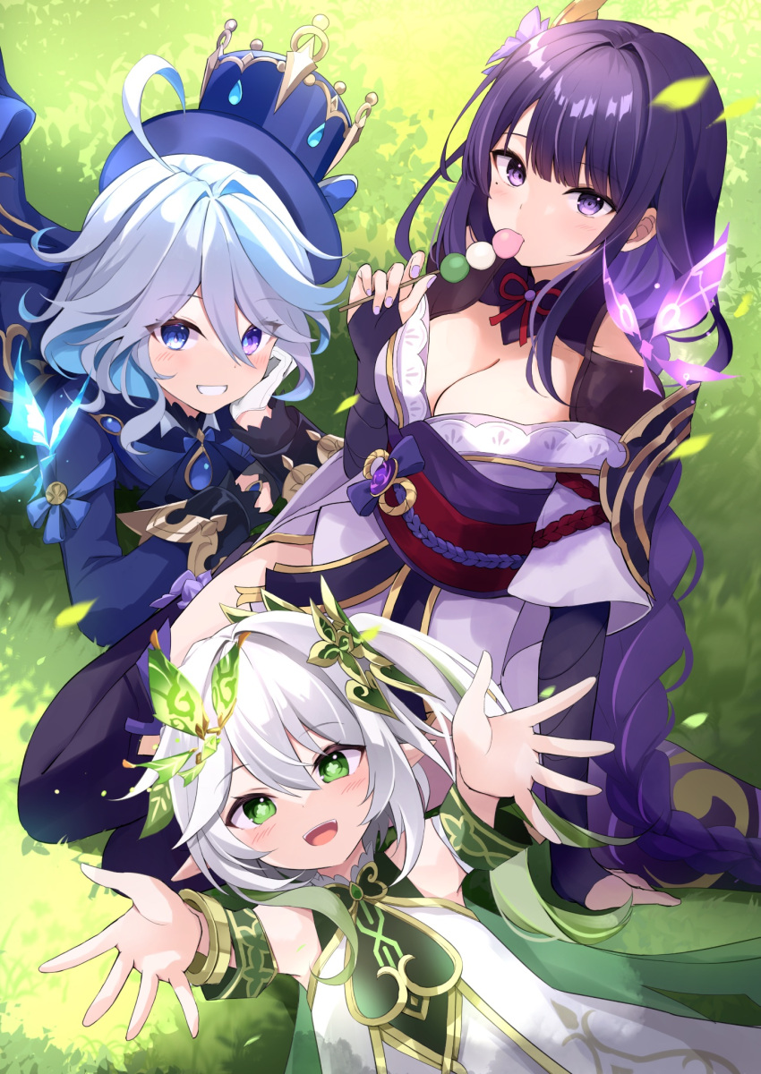 3girls asymmetrical_gloves bare_shoulders black_gloves blue_eyes blue_gemstone blue_hair blue_hat blush braid breasts bridal_gauntlets cross-shaped_pupils crystalfly_(genshin_impact) dango day detached_sleeves dress drop-shaped_pupils falling_leaves food furina_(genshin_impact) gem genshin_impact gloves gradient_hair green_eyes green_hair green_sleeves green_streaks hair_between_eyes hair_ornament hat heterochromia highres holding holding_food hyurasan japanese_clothes kimono leaf light_blue_hair long_hair looking_at_viewer lying mismatched_gloves mole mole_under_eye multicolored_eyes multicolored_hair multiple_girls nahida_(genshin_impact) obi on_back on_grass on_stomach outdoors pink_nails pointy_ears purple_eyes purple_hair purple_kimono purple_thighhighs raiden_shogun sash side_ponytail sitting sleeveless sleeveless_dress smile streaked_hair symbol-shaped_pupils teeth thighhighs upper_teeth_only vision_(genshin_impact) wagashi white_dress white_gloves white_hair