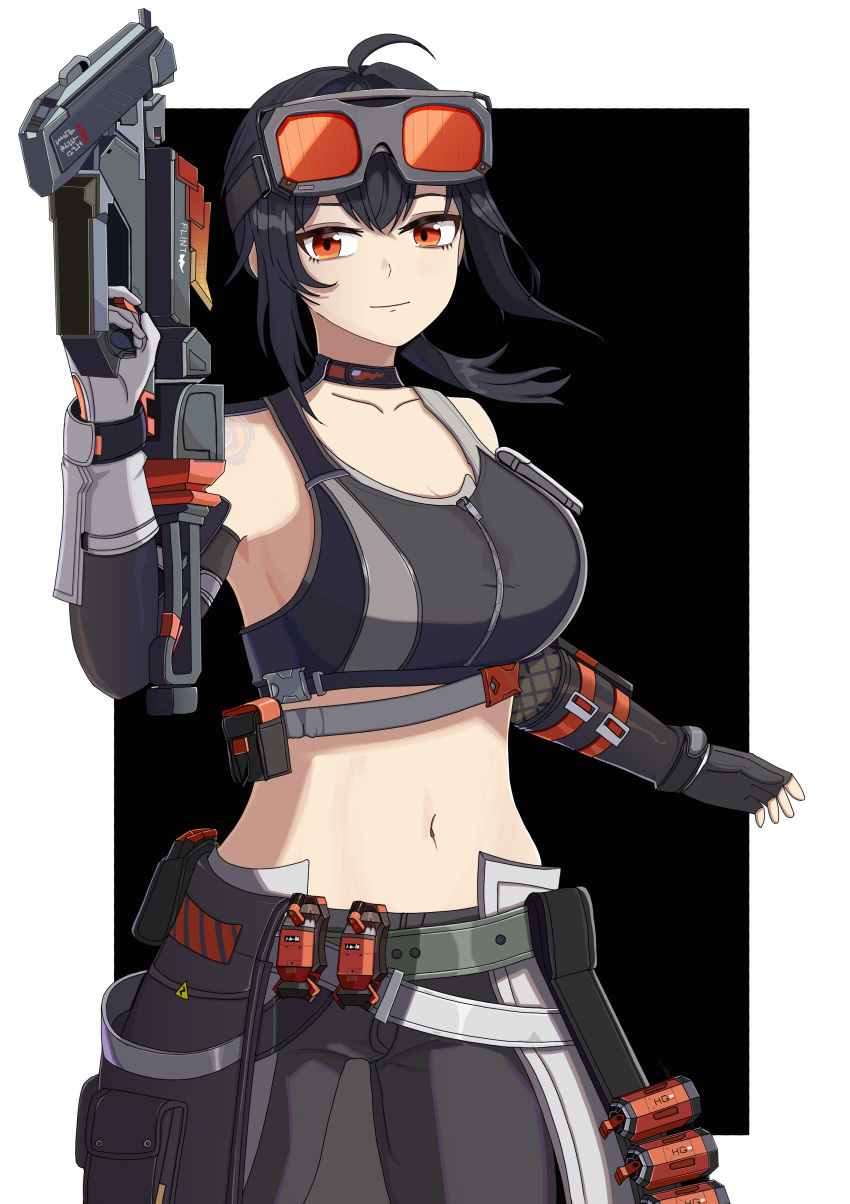 absurdres bad_hands bare_shoulders belt black_choker black_hair black_pants breasts choker collarbone cowboy_shot crop_top female goggles goggles_on_head grace_howard grey_belt highres holding holding_weapon large_breasts leggings looking_at_viewer medium_hair midriff navel orange_eyes pants smile smocca solo sports_bra standing stomach weapon zenless_zone_zero