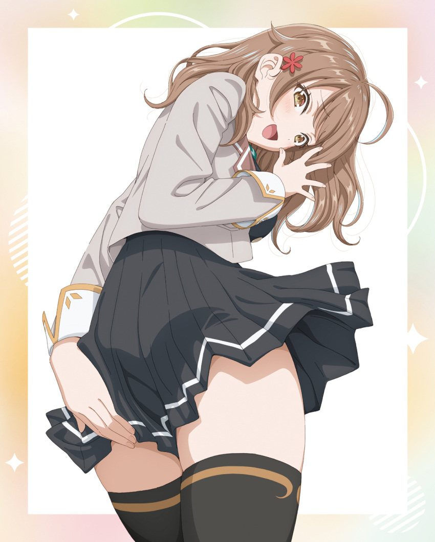 black_skirt black_thighhighs brown_eyes brown_hair cover cover_image dvd_cover female from_behind grey_jacket hand_up highres jacket long_sleeves looking_at_viewer looking_back mariya_mikhailovna_kujou medium_hair murota_yuuhei official_art open_mouth skirt smile solo standing thighhighs tokidoki_bosotto_roshia-go_de_dereru_tonari_no_alya-san zettai_ryouiki