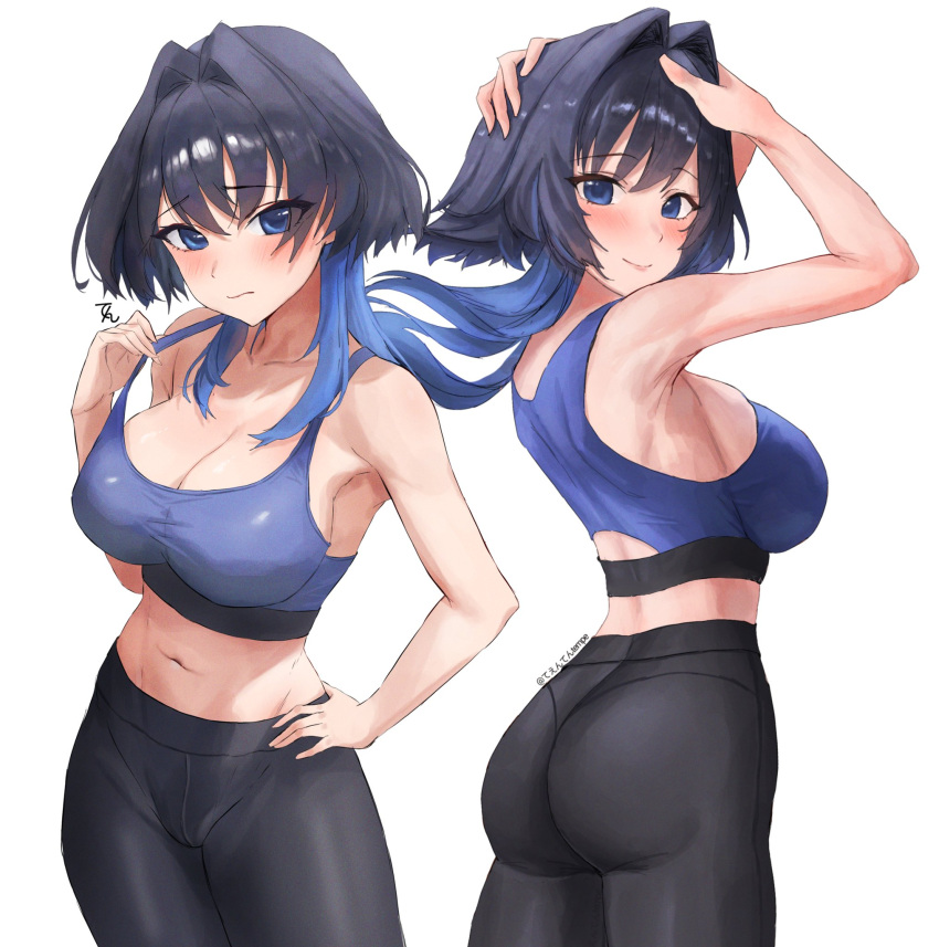 adjusting_clothes alternate_costume ass bare_shoulders black_hair black_pants blue_eyes blue_hair blue_sports_bra blush breasts cleavage closed_mouth collarbone colored_tips cowboy_shot female gradient_hair hair_intakes hand_on_own_hip hands_on_own_head high-waist_pants highres hololive hololive_english large_breasts looking_at_viewer looking_back medium_breasts medium_hair midriff multicolored_hair navel ouro_kronii pants sidelocks simple_background smile solo sports_bra tententempe virtual_youtuber white_background wolf_cut yoga_pants