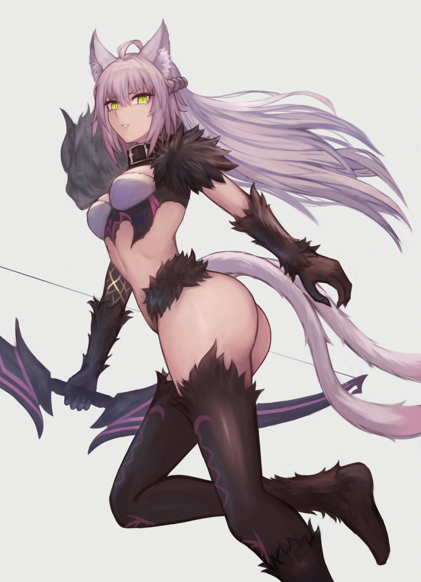 absurdres ahoge animal_ears ass atalanta_(fate) atalanta_alter_(fate) atalanta_alter_(second_ascension)_(fate) belt_collar black_collar black_fur boar bow braid breasts cat_ears cat_tail claws collar fate/grand_order fate_(series) female fur_(clothing) green_eyes grey_hair hair_between_eyes highres long_hair medium_breasts multicolored_hair multiple_tails purple_hair slit_pupils sushisnek tail thighhighs two_tails white_hair