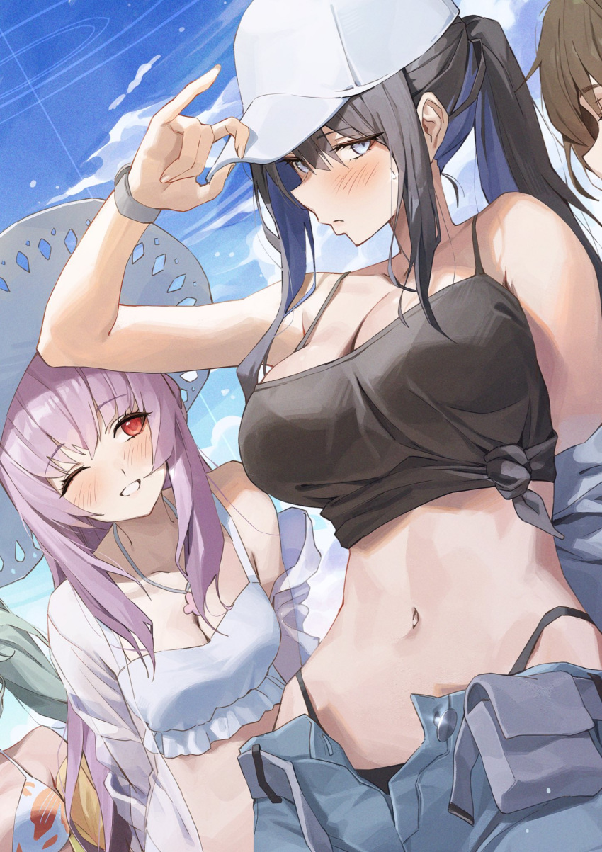 4girls atsuko_(blue_archive) atsuko_(swimsuit)_(blue_archive) bare_shoulders baseball_cap bikini black_camisole black_hair blue_archive blue_eyes blue_hair blue_sky blush breasts camisole cleavage colored_inner_hair green_jacket grey_shorts grin halo hat highres hiyori_(blue_archive) hiyori_(swimsuit)_(blue_archive) jacket jewelry large_breasts long_hair long_sleeves looking_at_viewer medium_breasts misaki_(blue_archive) misaki_(swimsuit)_(blue_archive) multicolored_hair multiple_girls navel necklace netural off_shoulder one_eye_closed open_clothes open_jacket ponytail purple_hair red_eyes saori_(blue_archive) saori_(swimsuit)_(blue_archive) see-through_clothes shirt short_shorts shorts sidelocks sky smile sun_hat swimsuit thighs white_bikini white_hat white_shirt