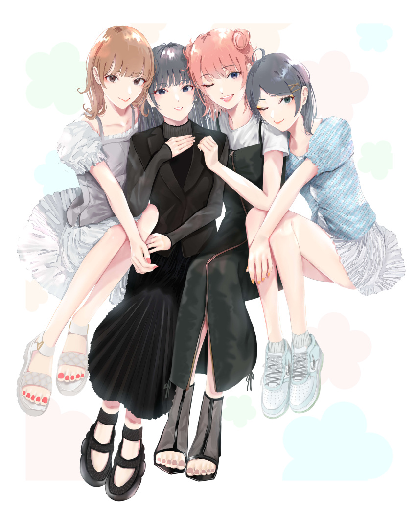 4girls absurdres ahoge black_dress black_eyes black_footwear black_hair black_skirt black_suit blue_shirt boots brown_eyes brown_hair dress full-length_zipper full_body hair_bun hair_ornament hayase_illusut highres hikigaya_komachi invisible_chair isshiki_iroha jacket lips long_hair long_skirt long_sleeves looking_at_viewer miniskirt multiple_girls nail_polish one_eye_closed orange_hair pleated_skirt puffy_sleeves shirt shirt_under_dress shoes short_hair short_sleeves sitting skirt sneakers suit suit_jacket thighs toeless_footwear toenail_polish toenails white_dress white_footwear white_shirt white_skirt x_hair_ornament yahari_ore_no_seishun_lovecome_wa_machigatteiru. yuigahama_yui yukinoshita_yukino zipper zipper_dress