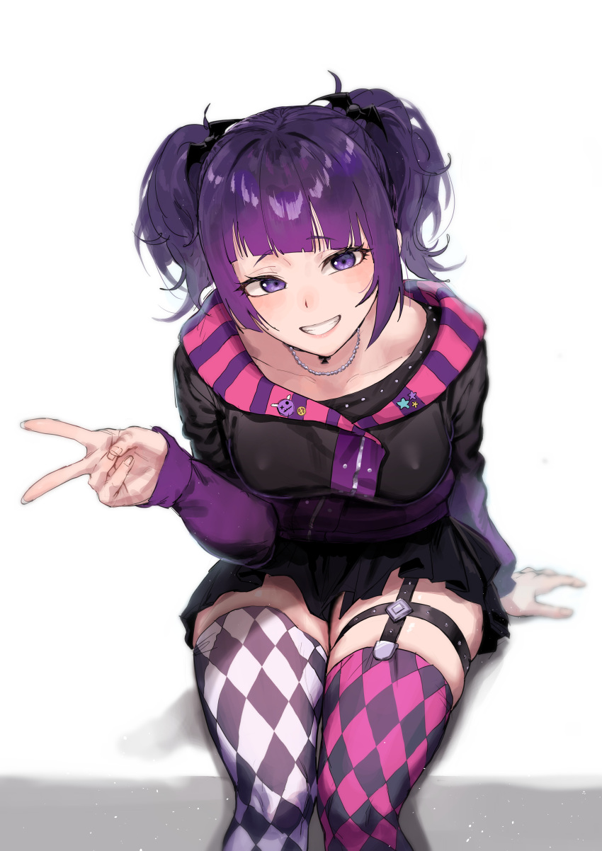 absurdres argyle_clothes argyle_thighhighs asymmetrical_legwear bat_hair_ornament black_shirt black_skirt breasts feet_out_of_frame female grin hair_ornament highres idolmaster idolmaster_shiny_colors jacket jewelry leaning_forward long_sleeves looking_at_viewer medium_breasts miniskirt mismatched_legwear necklace purple_eyes purple_hair raised_eyebrows sake_(vzty5527) shirt short_twintails simple_background sitting skirt sleeves_past_wrists smile solo tanaka_mamimi thigh_strap thighs twintails v white_background