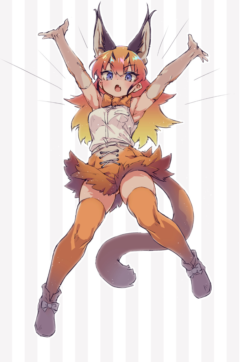 animal_ears arms_up bare_shoulders black_hair blue_eyes blush boots bow bowtie caracal_(kemono_friends) cat_ears cat_girl cat_tail elbow_gloves extra_ears female footwear_bow frilled_skirt frills full_body gloves hair_between_eyes high-waist_skirt highres kemono_friends kolshica looking_at_viewer multicolored_hair oerba_yun_fang open_mouth orange_bow orange_bowtie orange_hair orange_skirt orange_thighhighs shirt sidelocks skirt sleeveless solo tail thighhighs two-tone_skirt white_footwear white_gloves white_shirt white_skirt zettai_ryouiki