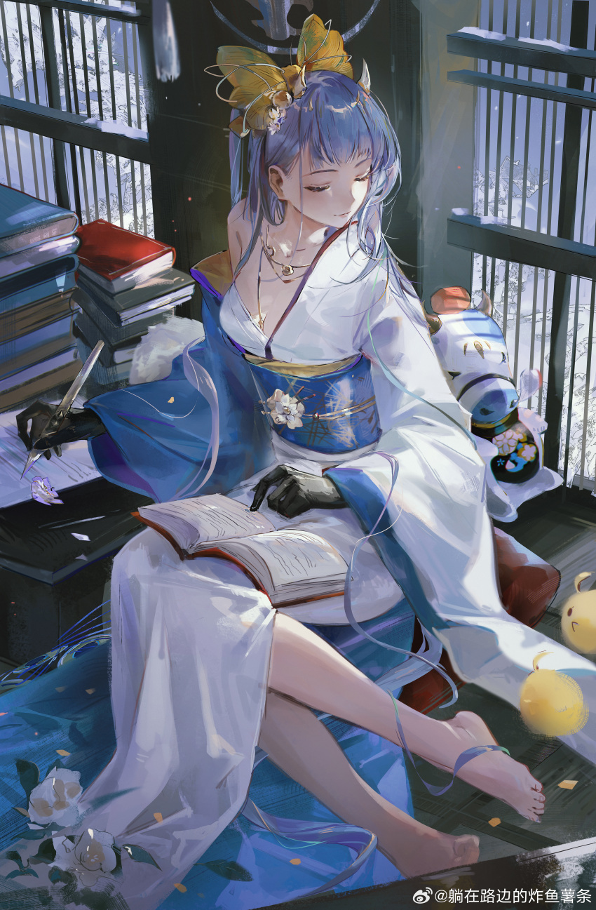 absurdres azur_lane barefoot black_gloves blue_hair blue_sash book book_on_lap bow champagne_(azur_lane) champagne_(lapis_lazuli's_first_dream)_(azur_lane) female flower full_body gloves hairbow highres holding japanese_clothes jewelry kimono knees_together_feet_apart legs liyuliyuzhou long_hair manjuu_(azur_lane) obi official_alternate_costume pen sash sitting solo toenails toes toy weibo_logo weibo_watermark white_flower white_kimono window yellow_bow yokozuwari