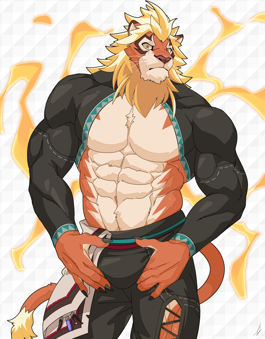 1boy abs absurdres animal_ears bara blonde_hair bulge cat_nose claws closed_mouth fire furry furry_male hand_on_own_crotch highres ig1119 lion_boy lion_ears lion_tail looking_at_viewer magnos_(world_flipper) male_focus mane mixed-language_commentary muscular muscular_male orange_fur pectoral_cleavage pectorals skin_tight sweatdrop tail whiskers world_flipper yellow_eyes