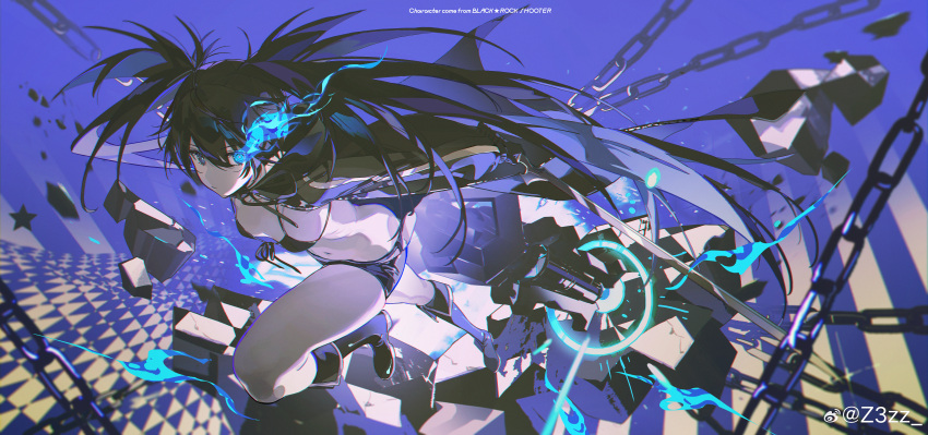 absurdres arm_cannon bikini bikini_top_only black_footwear black_hair black_rock_shooter black_rock_shooter_(character) black_shorts blue_background blue_eyes breasts chains commentary_request copyright_name debris female flaming_eye front-tie_top glowing glowing_eye highres jumping medium_breasts navel pale_skin rock shorts solo swimsuit twintails uneven_twintails weapon z3zz4