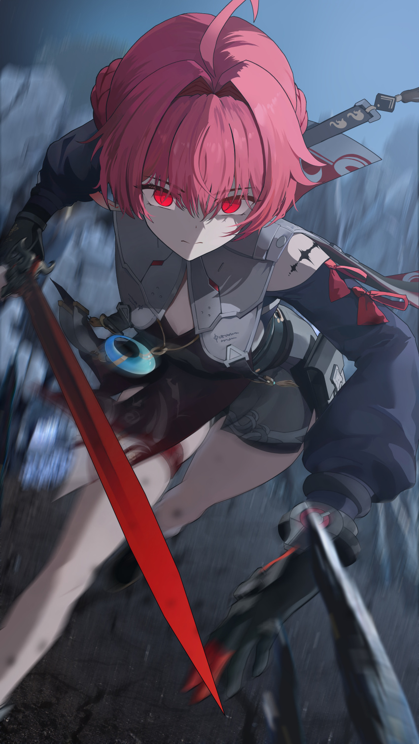 absurdres ahoge black_gloves black_pouch black_shirt breasts closed_mouth clothing_cutout collar commentary crescent crescent_necklace danjin_(wuthering_waves) english_commentary female folded_braid gloves hair_between_eyes hair_intakes highres holding holding_sword holding_weapon jewelry looking_at_viewer necklace outdoors red_eyes red_hair revision ryeon_(bluetom1) shirt short_hair shoulder_cutout small_breasts solo sword tacet_mark_(wuthering_waves) thigh_strap v-shaped_eyebrows weapon white_collar wuthering_waves