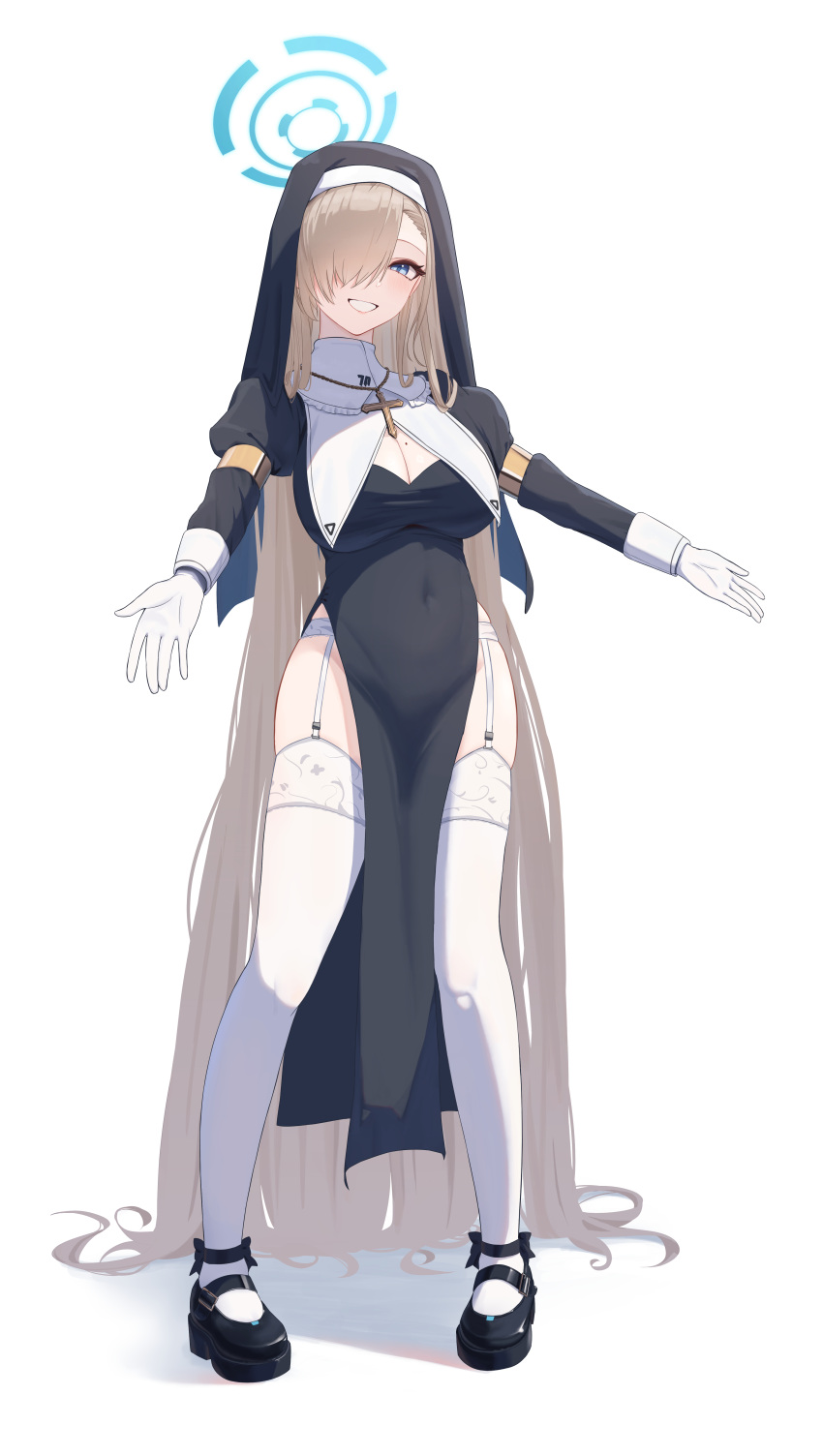 absurdres asuna_(blue_archive) black_dress black_footwear blue_archive blue_eyes blue_halo blush breasts cleavage coif covered_navel cross cross_necklace dress female full_body gloves habit hair_over_one_eye halo highres jewelry large_breasts light_brown_hair long_hair looking_at_viewer mole mole_on_breast necklace nun pelvic_curtain pige_pig smile solo thighhighs thighs very_long_hair white_background white_gloves white_thighhighs