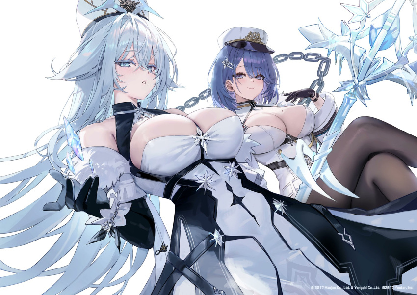 2girls azur_lane blue_hair breasts capelet chapayev_(azur_lane) coat coat_dress colored_eyelashes freng fur-trimmed_coat fur_capelet fur_trim hat highres holding holding_scepter ice_crystal long_bangs military_hat multiple_girls pantyhose scepter simple_background sovetsky_soyuz_(azur_lane) white_background white_hair