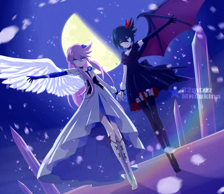 2girls 32zzz angel_wings artist_name asymmetrical_gloves black_choker black_dress blue_eyes blue_flower blue_gloves blue_rose boots choker clone cure_moonlight dark_precure demon_wings dress elbow_gloves flower full_body gloves hair_flower hair_ornament heartcatch_precure! heterochromia highres holding_hands long_hair mismatched_gloves moon multiple_girls precure purple_hair red_dress rose short_hair siblings single_wing sisters thighs tsukikage_yuri two-sided_dress two-sided_fabric very_long_hair watermark white_footwear white_gloves wings yellow_eyes