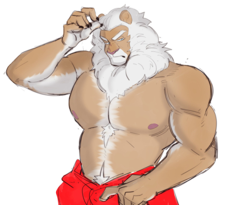 1boy animal_ears annoyed bara blue_eyes claws clay_calloway consagratum english_commentary furry furry_male highres lion_boy lion_ears lion_mane looking_at_viewer male_focus muscular muscular_male nipples pectorals sing_(movie) sing_2 topless_male towel_around_waist white_background