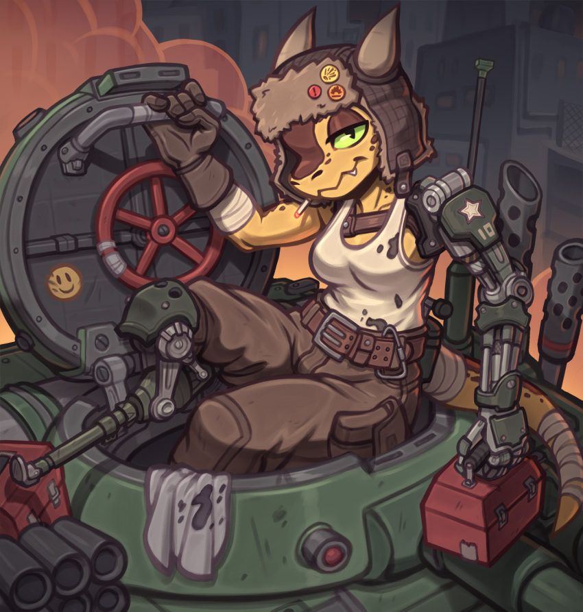 anthro belt bottomwear breasts brown_eyelids cigarette clothing collarbone female gloves goobone green_eyes handwear hat headgear headwear hi_res horn kobold pants prosthetic prosthetic_arm prosthetic_leg prosthetic_limb scalie shirt solo sticker tank tank_top toolbox topwear vehicle yellow_body