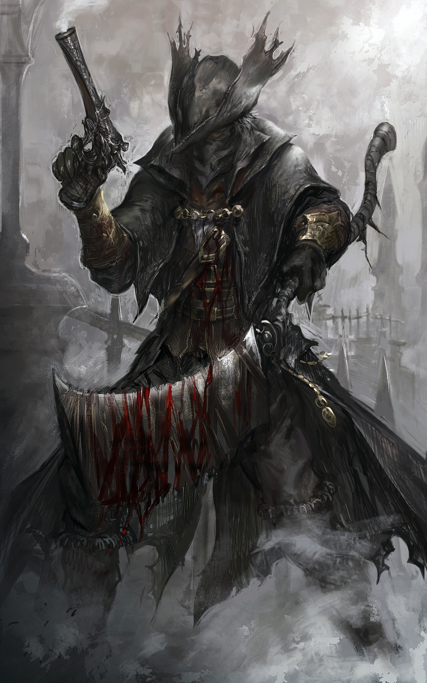 1boy absurdres black_gloves blood blood_on_clothes blood_on_weapon bloodborne coat commentary commission english_commentary fog gloves gun handgun hat highres holding holding_gun holding_weapon hunter_(bloodborne) junjiuk mask mouth_mask saw saw_cleaver short_hair smoke solo tricorne weapon