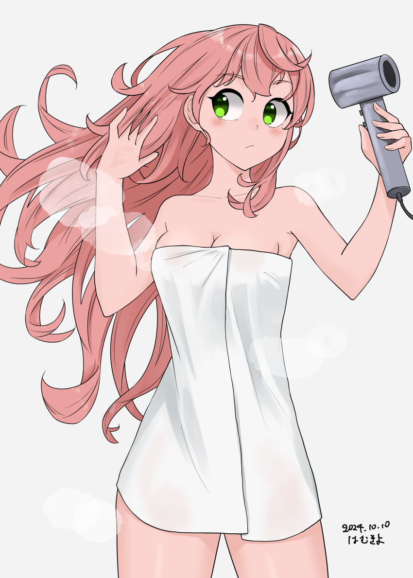 absurdres akashi_(kancolle) artist_name breasts cleavage commentary_request cowboy_shot dated female green_eyes hair_down hair_dryer hamukiyo highres kantai_collection long_hair medium_breasts naked_towel official_alternate_hairstyle pink_hair simple_background solo standing towel white_background