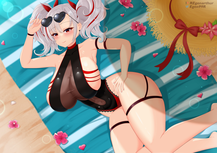 alternate_breast_size azur_lane bare_shoulders breasts collarbone commission cross cross_earrings earrings english_commentary eyewear_on_head feet female flower glasses hat heart heart-shaped_eyewear highres huge_breasts impossible_clothes impossible_swimsuit jewelry long_hair looking_at_viewer lying on_side one-piece_swimsuit pink_flower prinz_adalbert_(azur_lane) red_eyes regen sand see-through_one-piece_swimsuit solo straw_hat swimsuit twintails