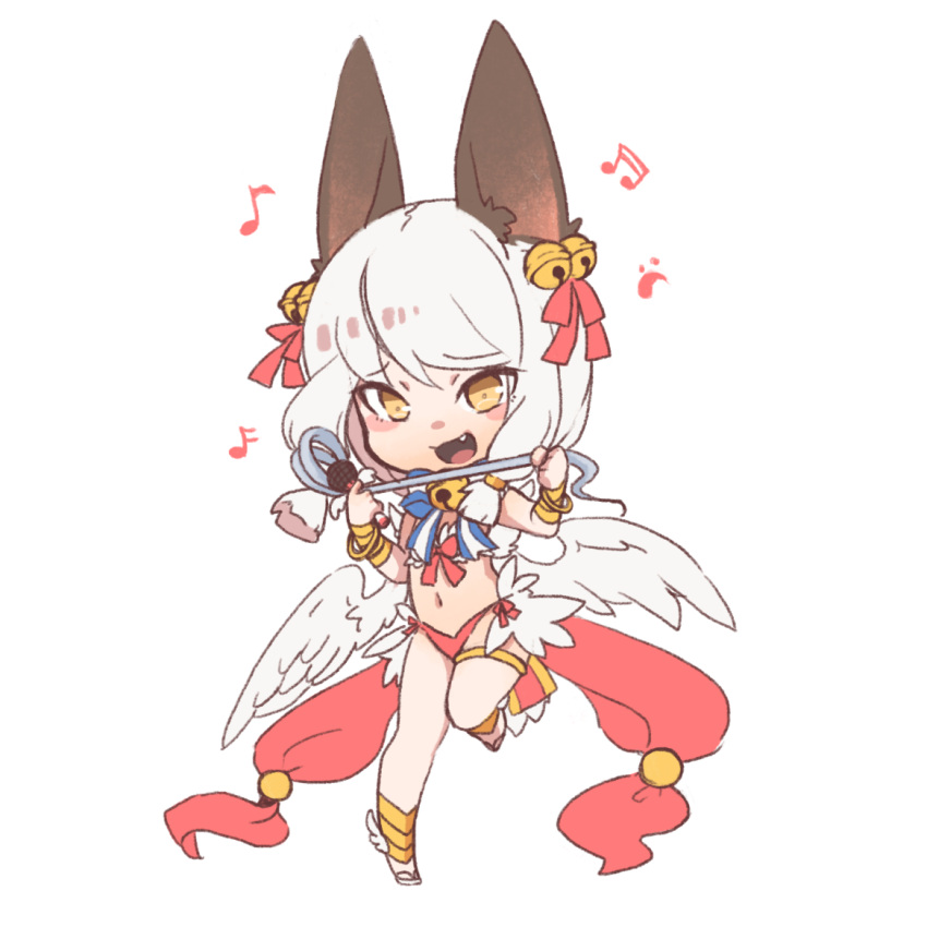 animal_ear_fluff animal_ears bangle bell bikini blush bow bracelet bracer chibi chibi_only chinese_commentary commentary_request feather_trim feathered_wings female flat_chest fox_ears fox_girl full_body hair_bell hair_ornament hairbow holding holding_microphone holding_whip jewelry jingle_bell lay_(smallcatball) looking_at_viewer microphone mismatched_bikini musical_note navel neck_bell oerba_yun_fang open_mouth ragnarok_online red_bikini red_bow sandals short_hair simple_background smile solo swimsuit wanderer_(ragnarok_online) white_background white_bikini white_footwear white_hair white_wings wings yellow_eyes