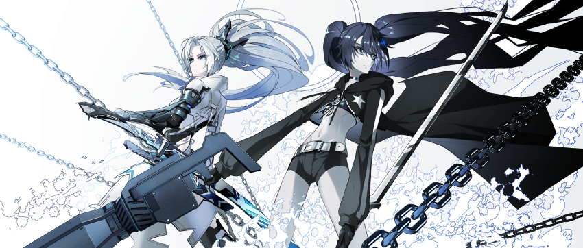 2girls absurdres alpha_(pgr) black_bra black_gloves black_hair black_rock_shooter black_rock_shooter_(character) black_shorts bra chains colored_skin flat_chest gloves grey_hair grey_jacket grey_skin highres holding_cannon jacket krmpuris long_hair long_sleeves looking_at_viewer lucia:_crimson_weave_(pgr) mechanical_arms multiple_girls navel ponytail punishing:_gray_raven short_shorts shorts star-shaped_pupils star_(symbol) sword symbol-shaped_pupils underwear weapon