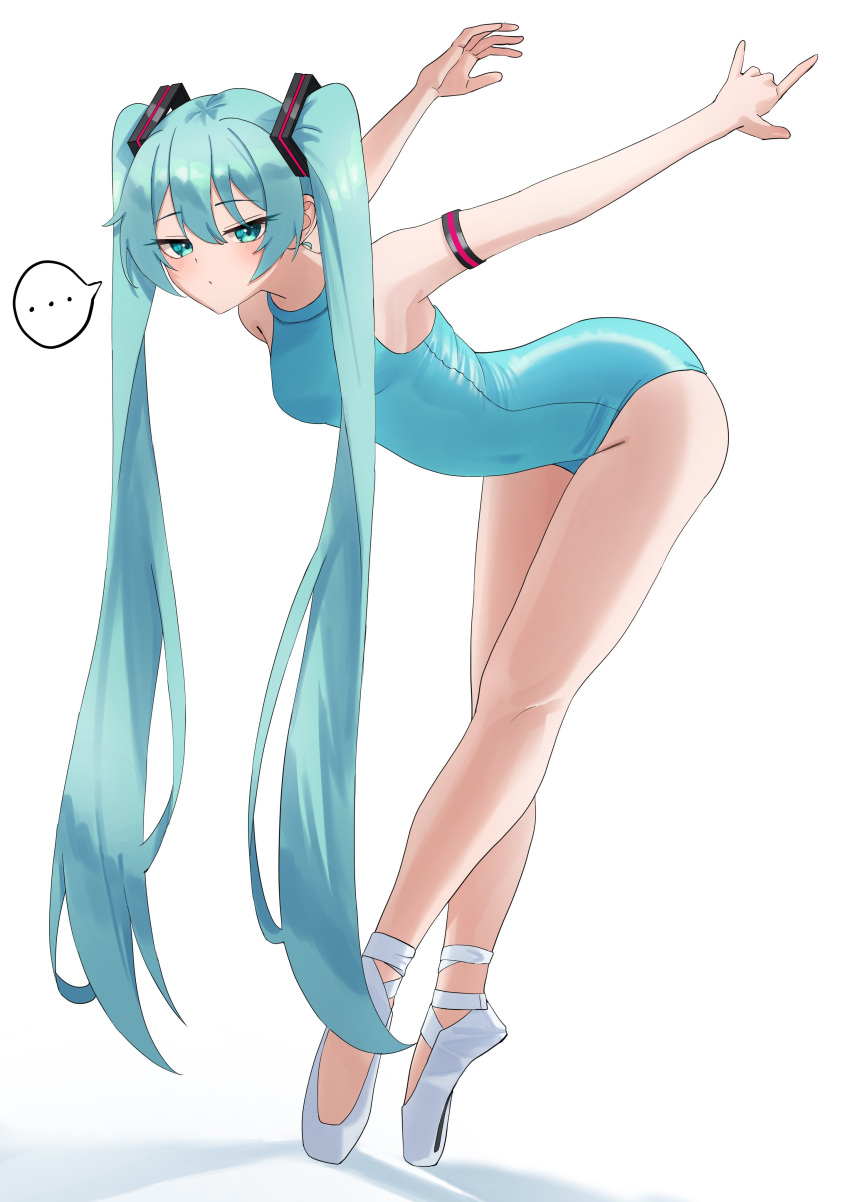 ... absurdres amaama_(beccyonaika1) ballet ballet_slippers bent_over blue_eyes blue_hair blue_leotard blush breasts closed_mouth commentary_request female full_body hatsune_miku highres leotard long_hair looking_at_viewer simple_background solo spoken_ellipsis twintails very_long_hair vocaloid white_background