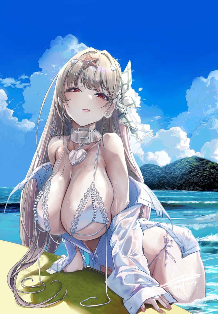 absurdres bikini blunt_bangs blush breasts cleavage closed_mouth collar collarbone day female goddess_of_victory:_nikke hair_ornament heart_collar highres huge_breasts hyotenka_ichido lace-trimmed_bikini lace_trim large_breasts light_brown_hair long_hair long_sleeves looking_at_viewer mountain navel ocean official_alternate_costume outdoors partially_submerged pearl_bikini red_eyes shirt side-tie_swimsuit sidelocks sky smile solo starfish_hair_ornament swimsuit viper_(nikke) viper_(shine_of_love)_(nikke) wet white_bikini white_shirt