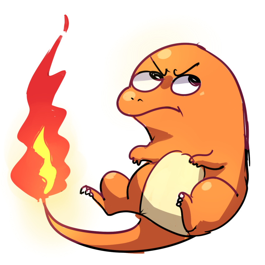 2017 ambiguous_gender anterior_nasal_aperture charmander claws digital_media_(artwork) eyebrows finger_claws fire flaming_tail flavia-elric generation_1_pokemon grumpy hi_res mouth_closed nintendo orange_body pokemon pokemon_(species) simple_background solo tail toe_claws white_background white_sclera