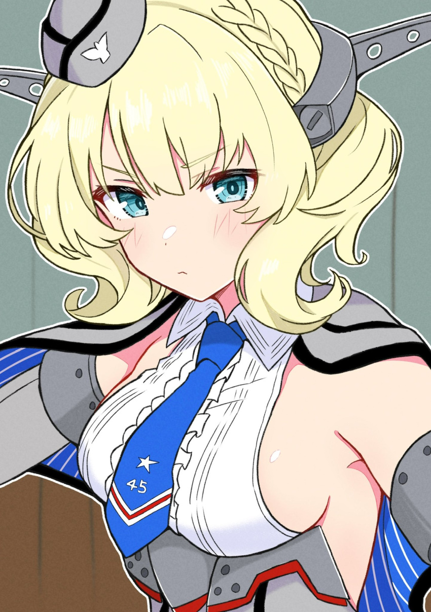 blonde_hair blue_eyes blue_necktie blush braid breasts capelet closed_mouth colorado_(kancolle) commentary_request elbow_gloves female fuminomino garrison_cap gloves grey_hat hat headgear highres kantai_collection looking_at_viewer medium_breasts medium_hair mini_hat necktie sideboob simple_background sleeveless solo star_(symbol) upper_body